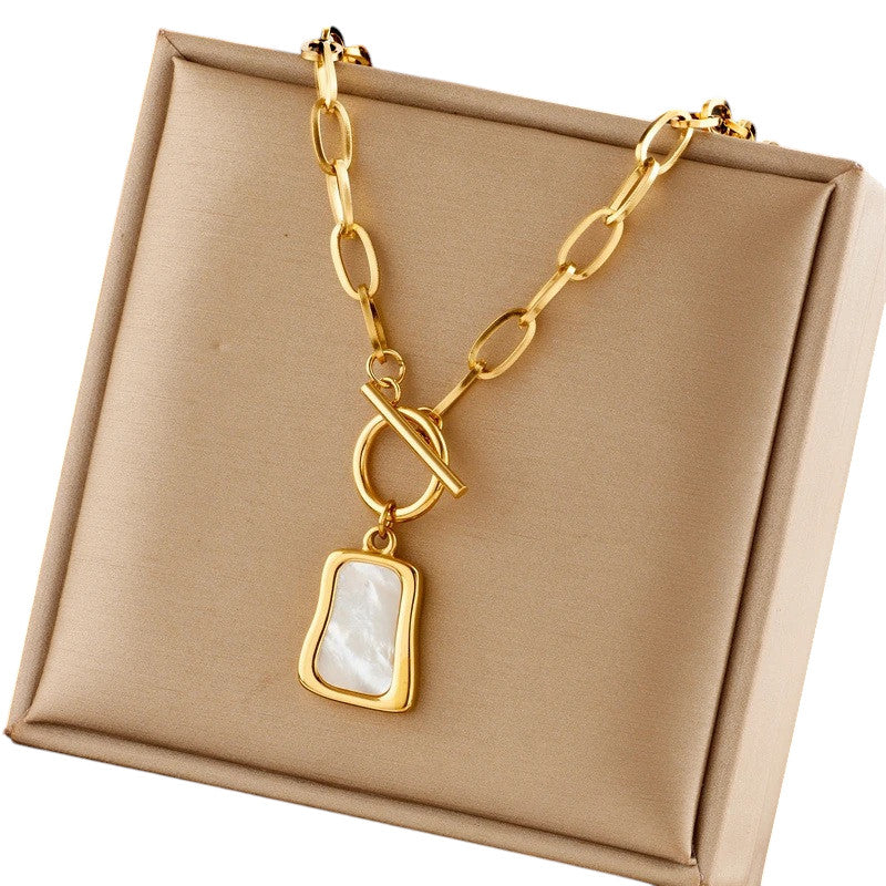 Ladies Gold Plated 316 Stainless Steel Geometric Square Shell Pendant Necklace
