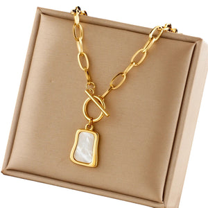 Ladies Gold Plated 316 Stainless Steel Geometric Square Shell Pendant Necklace