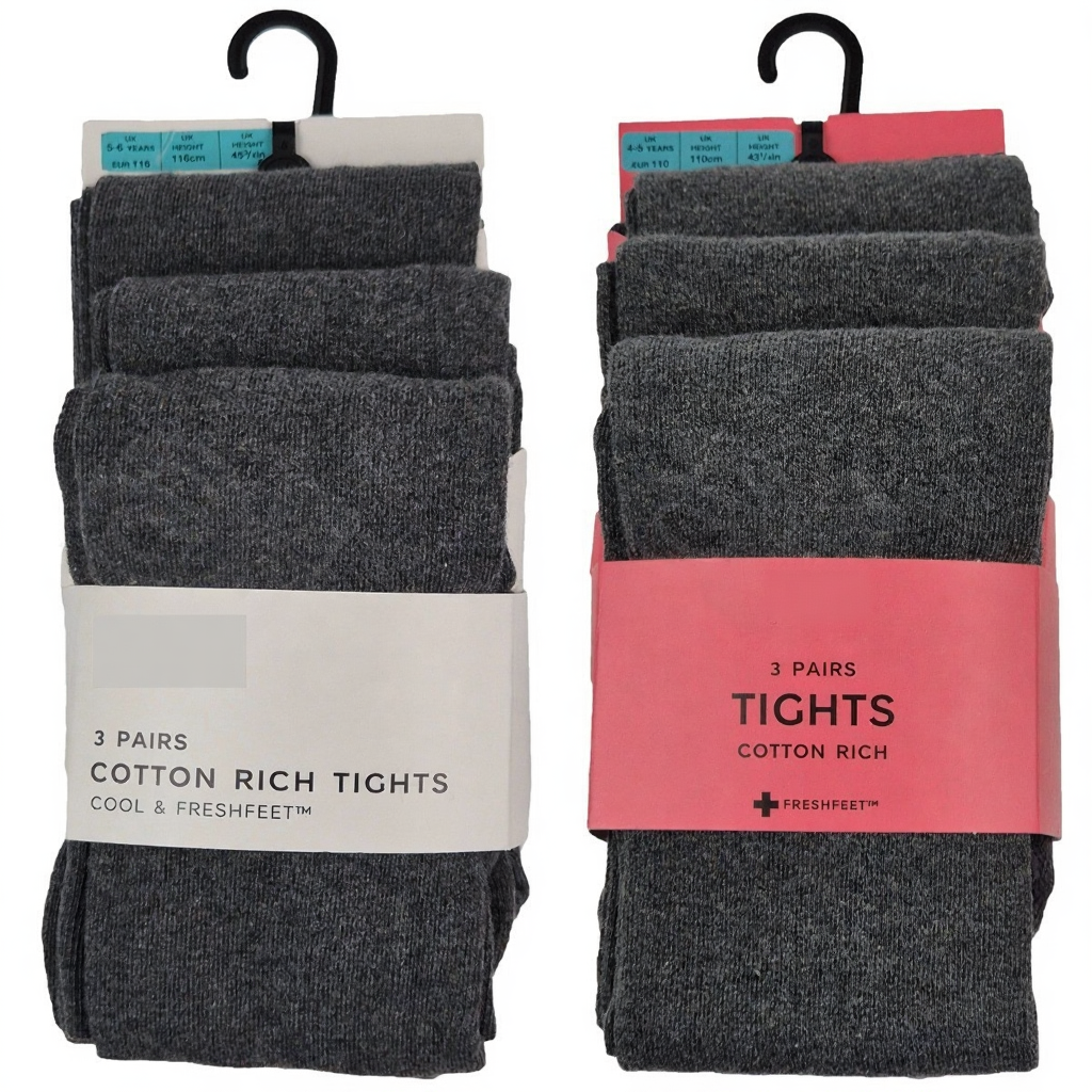 Girls 3 Pairs Grey Knitted Cotton Rich Soft Breathable Warm School Casual Tights