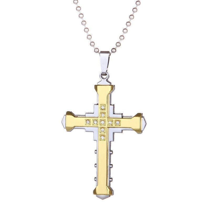 Ladies Mens Unisex Inlaid Crystal Cross Pendant Silver Long Link Chain Necklace
