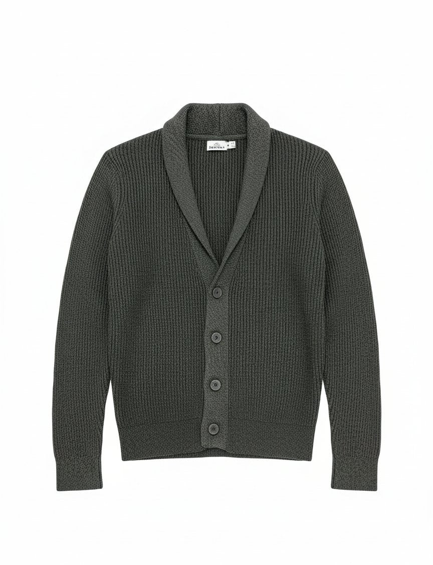 Mens Dark Grey Button Down Front Ribbed Shawl Neck Long Sleeve Sweater Cardigan