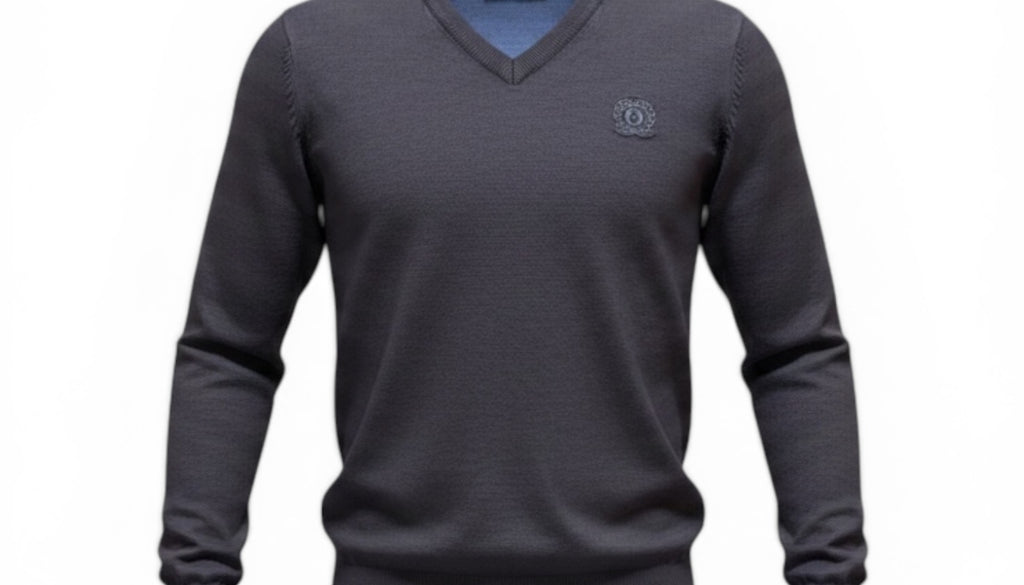 Mens Dark Grey Ombre Ribbed V-Neck Soft Knitted Jumper