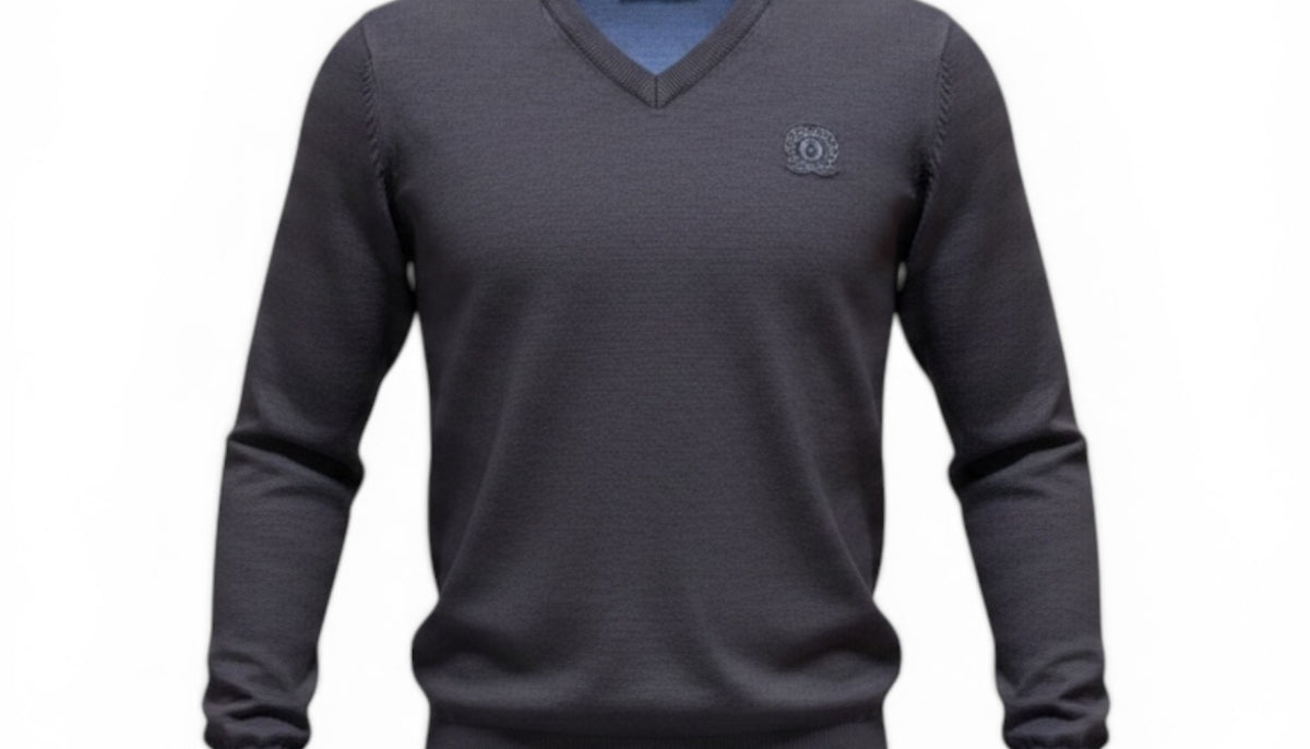 Mens Dark Grey Ombre Ribbed V-Neck Soft Knitted Jumper