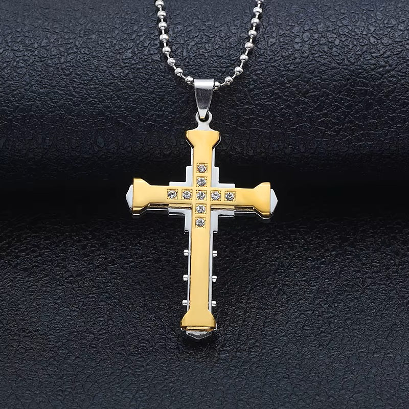 Ladies Mens Unisex Inlaid Crystal Cross Pendant Silver Long Link Chain Necklace
