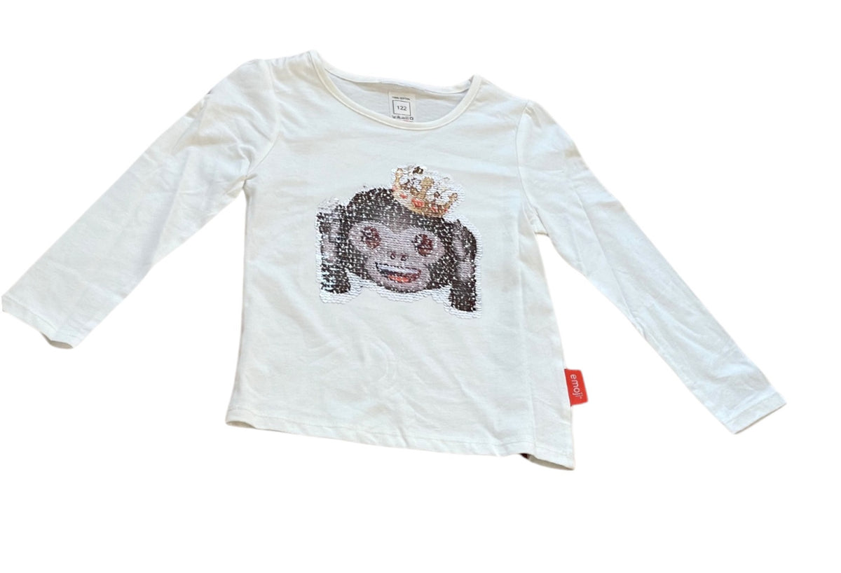 Girls Ivory Emoji Hear No Evil Sequins Cotton Long Sleeve Tunic Tops