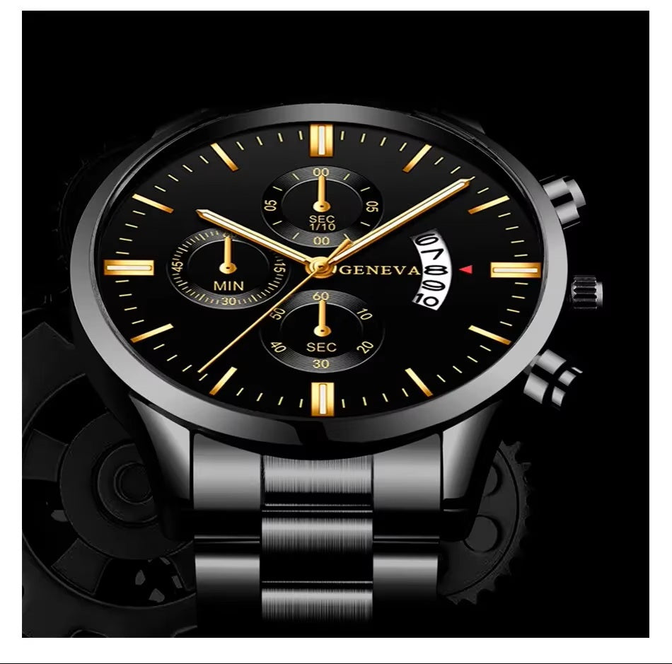 Men Geneva Luxury Black Gold Stainless Steel Calendar Analog Quartz Wrist Watch
