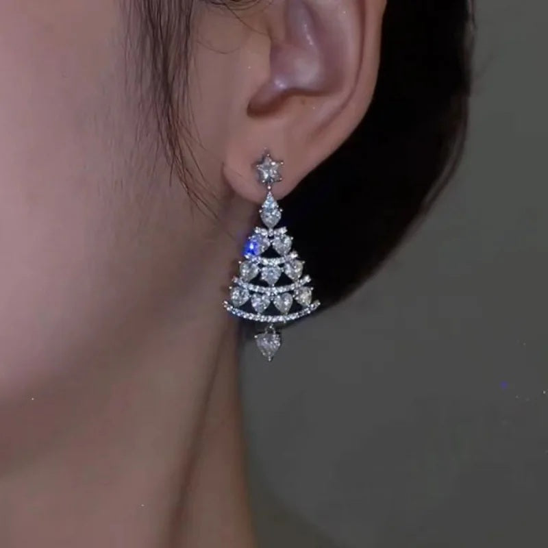 Ladies Silver Shiny Rhinestone Hollow Christmas Tree Festive Dangle Earrings