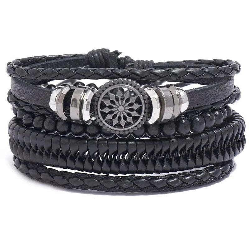 Mens Black 4Pcs Set Braided Bead Wrap Adjustable Leather Bracelets