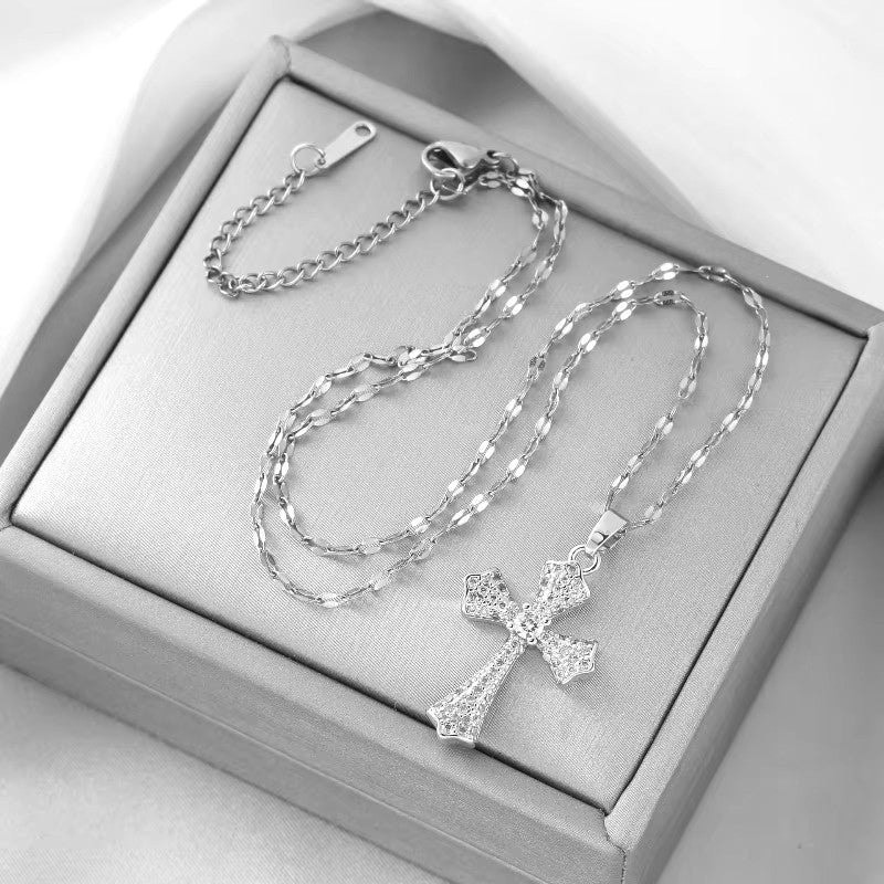 Unisex Ladies Mens Silver Geometric Cross Clavicle Crystal Pendant & Necklace