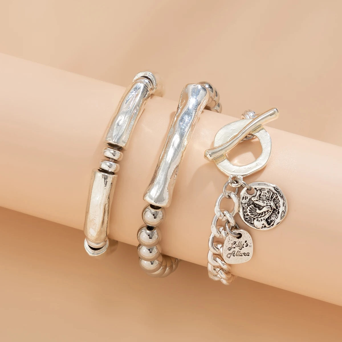 Ladies Silver Plated Chunky Round Charm 3 Set Stackable Handchan Bracelet