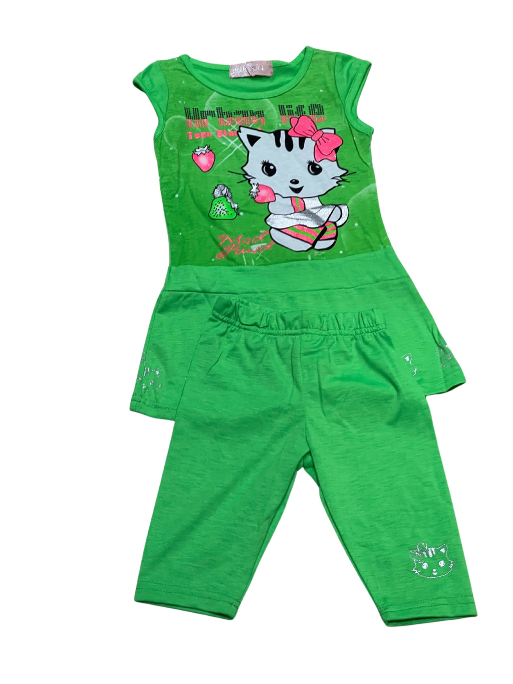 Girls Lime Green Kitty Cap Sleeve Top & Leggings Sets