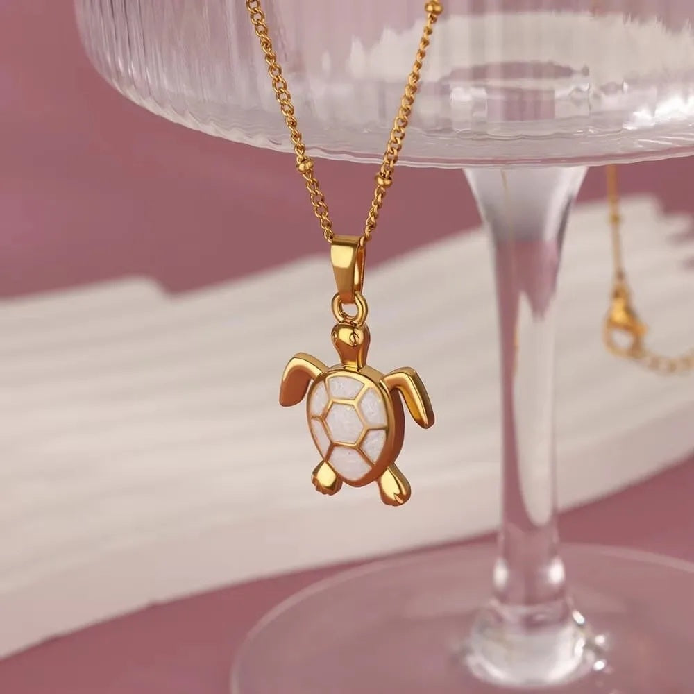 Unisex Gold Plated Opal Stone Cute Stainless Steel Turtle Pendant Chain Necklace