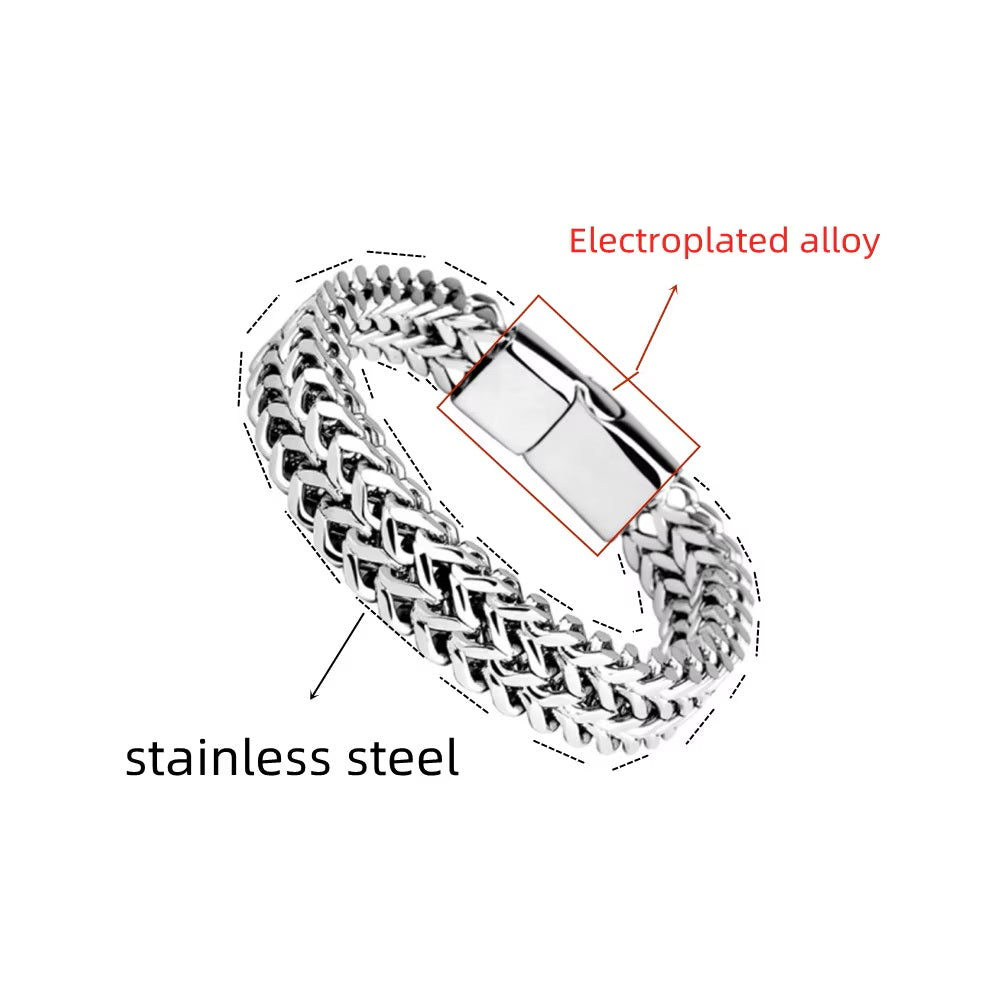 Mens Silver Stainless Steel Double Row Braid Magnetic Buckle Bracelets
