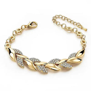 Ladies 18K Gold Plated Braided Leaf Crystal Fashion Bracelet Womens Handchain