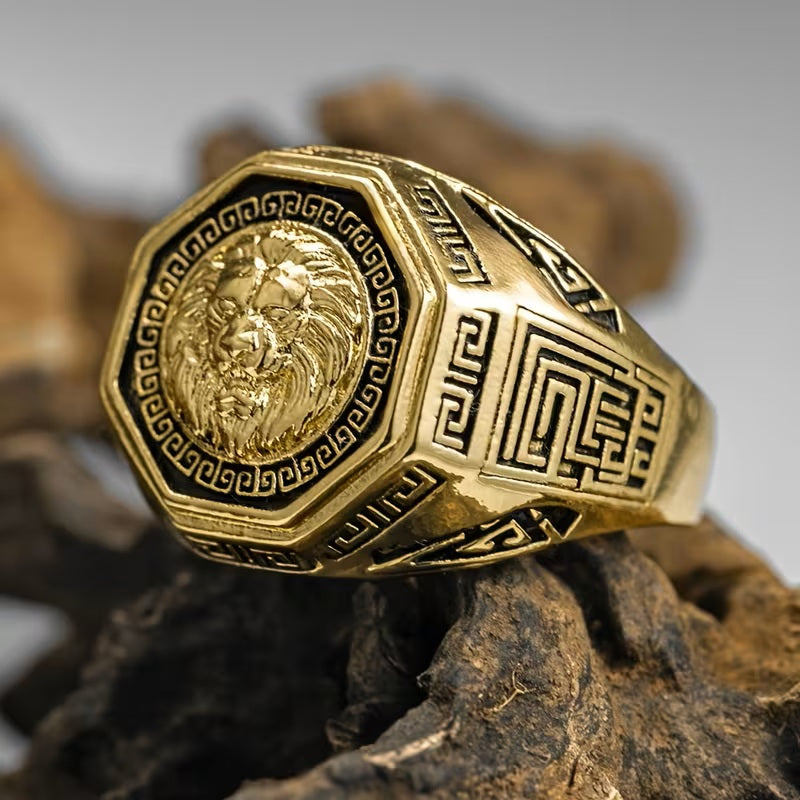 Mens Gold Plated Octagon Lion Head Great Wall Cut Design Stainless Steel Ring