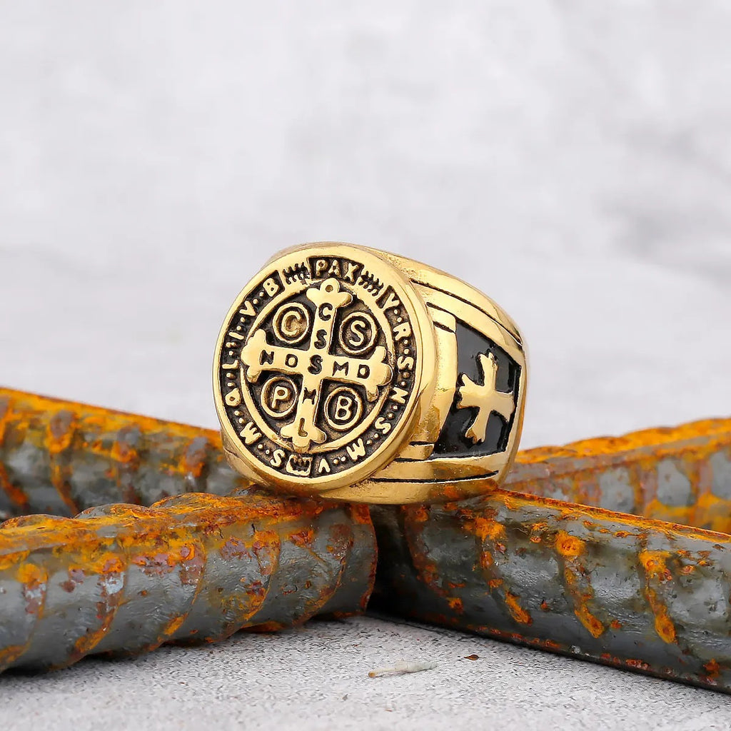 Mens Gold Plated Cross Faith Stainless Steel Protection Chunky Signet Gents Ring