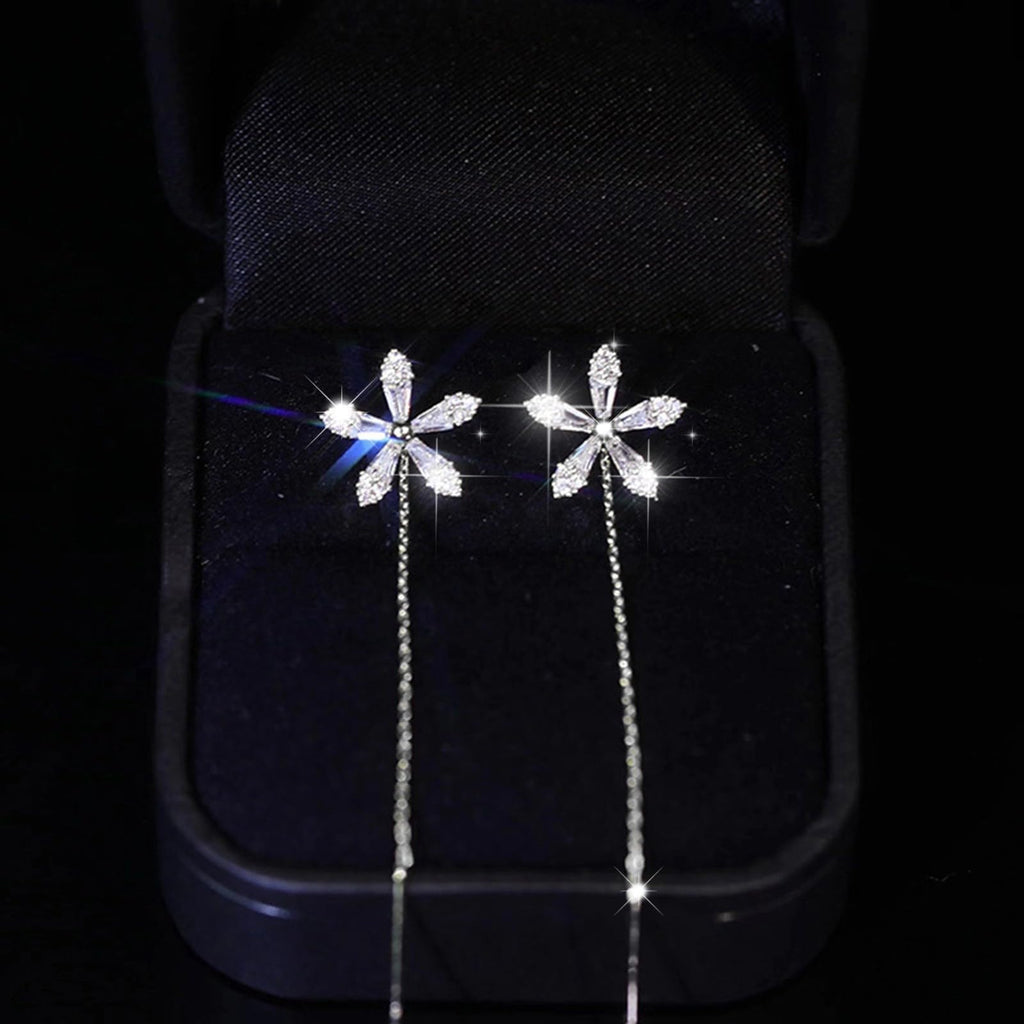 Ladies Silver Shiny Flower Rhinestone Ear Clip Thin Dangle Long Tassels Earrings