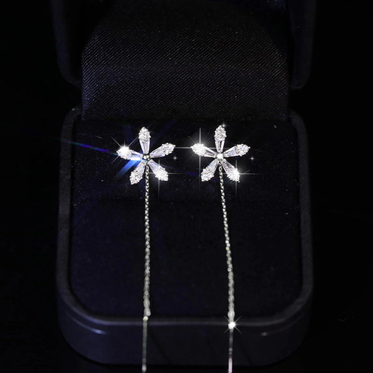 Ladies Silver Shiny Flower Rhinestone Ear Clip Thin Dangle Long Tassels Earrings