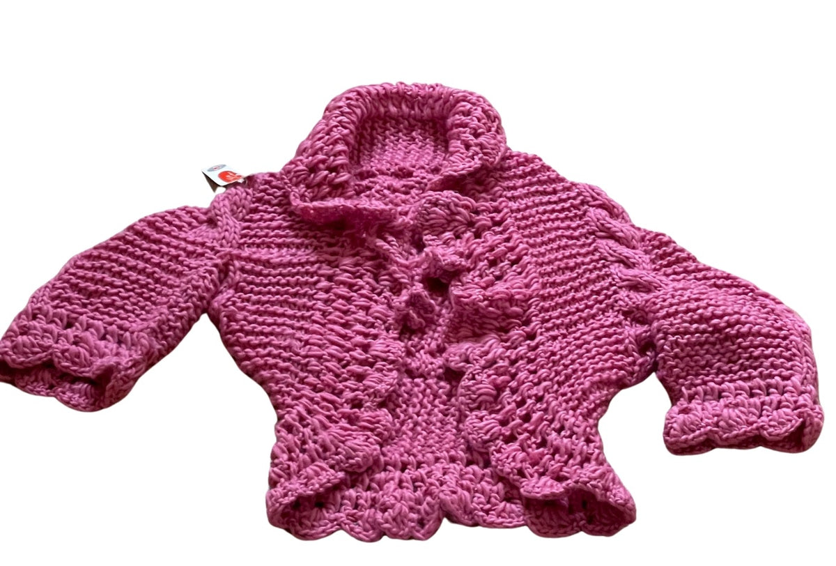 Girls Pink Soft Knitted Front Tie Handmade Crochet Scallop Edges Cardigan