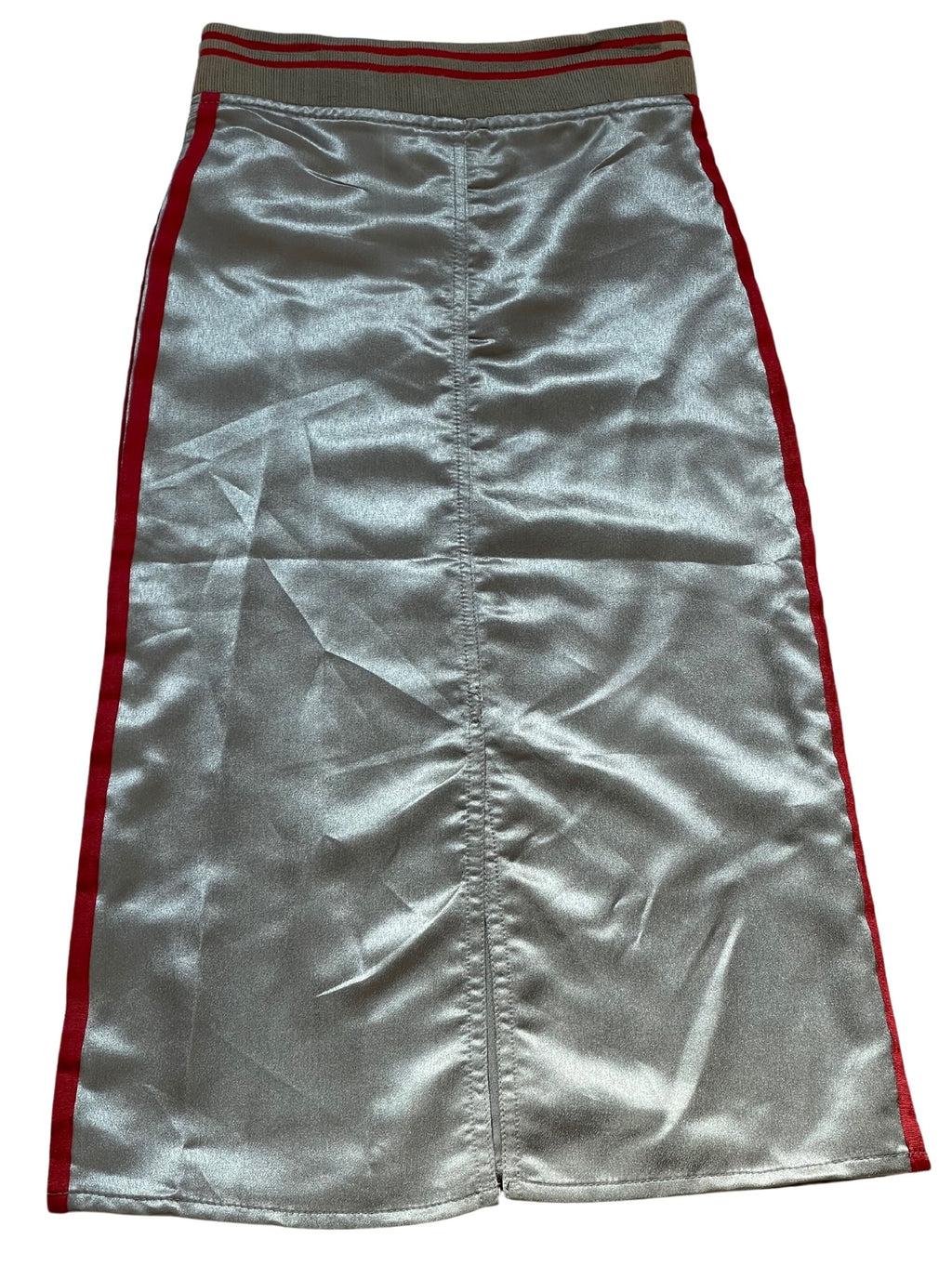 Girls Metallic Grey Thick Elasticated Waist Belted Side Stripe Midi Skirts
