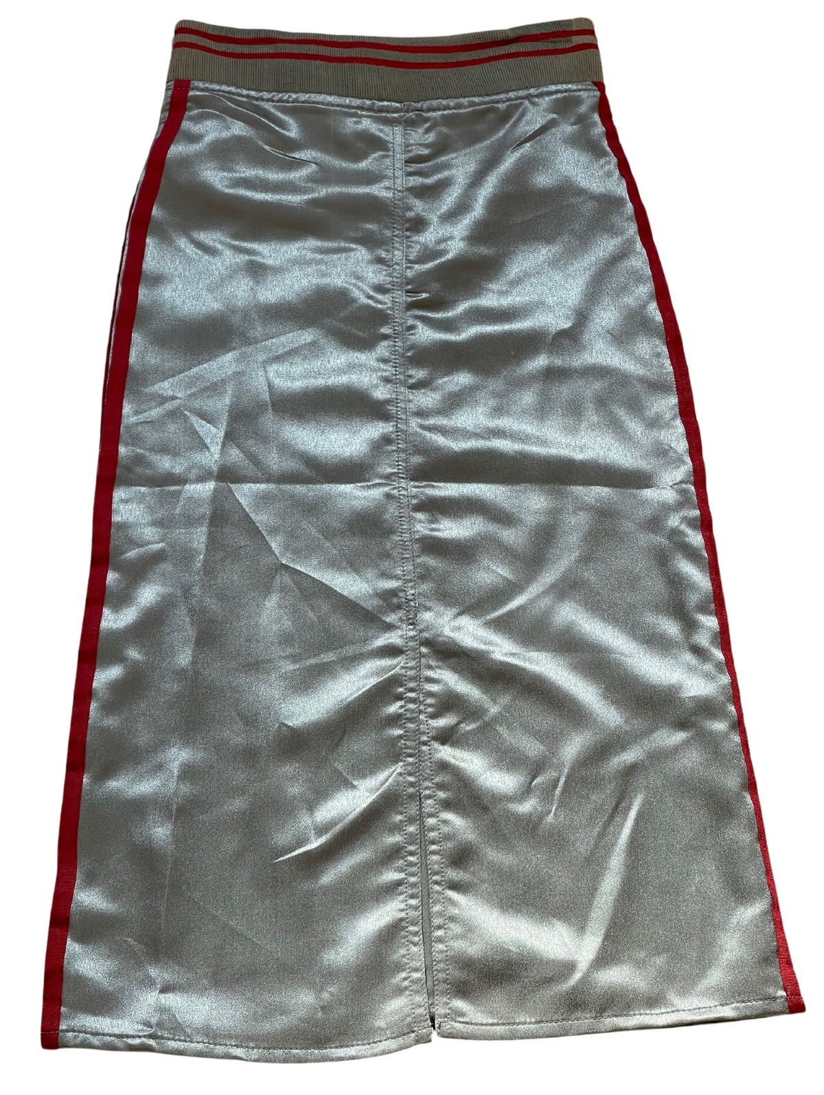 Girls Metallic Grey Thick Elasticated Waist Belted Side Stripe Midi Skirts