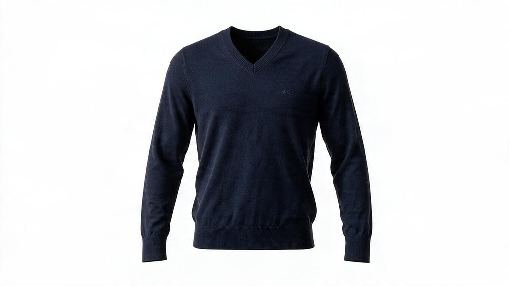 Mens Navy Sacoor Ribbed V Neck Lambswool Blend Pullover Long Sleeve Jumper (L)