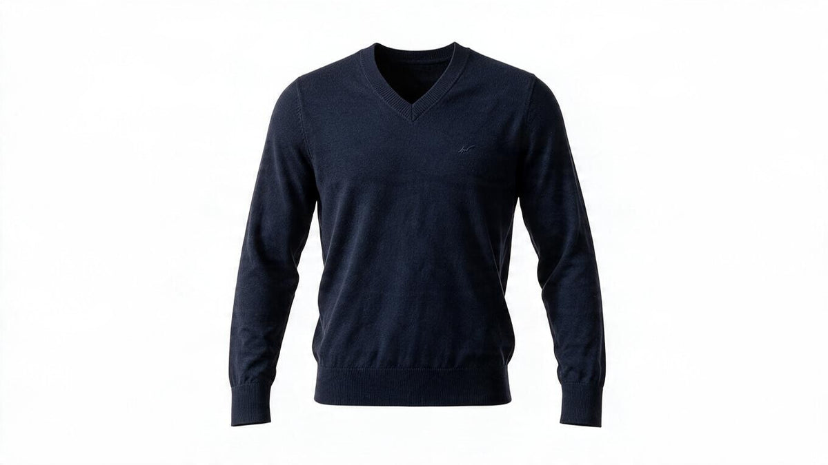 Mens Navy Sacoor Ribbed V Neck Lambswool Blend Pullover Long Sleeve Jumper (L)