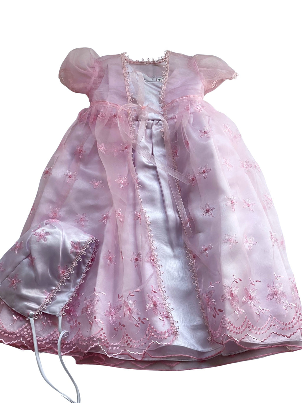 Baby Girls Toddlers Satin Mesh Embroidered Lace Baptism + Hood Christening Gown