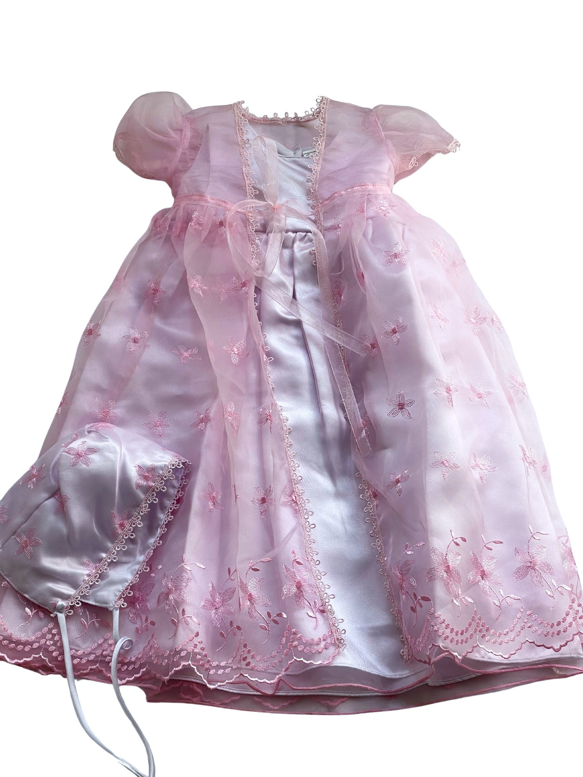 Baby Girls Toddlers Satin Mesh Embroidered Lace Baptism + Hood Christening Gown