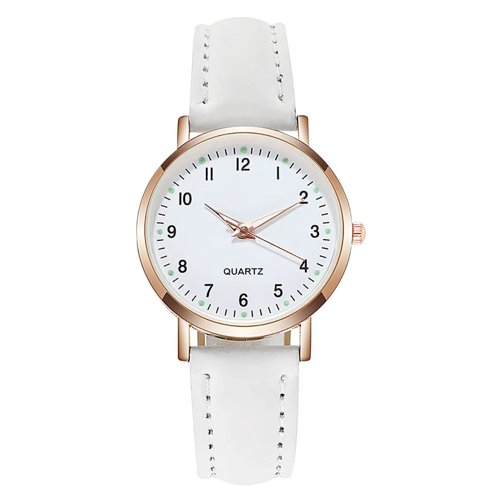 Ladies White Round Rose Gold Trim Quartz Diamond Studded Luminous Wristwatch