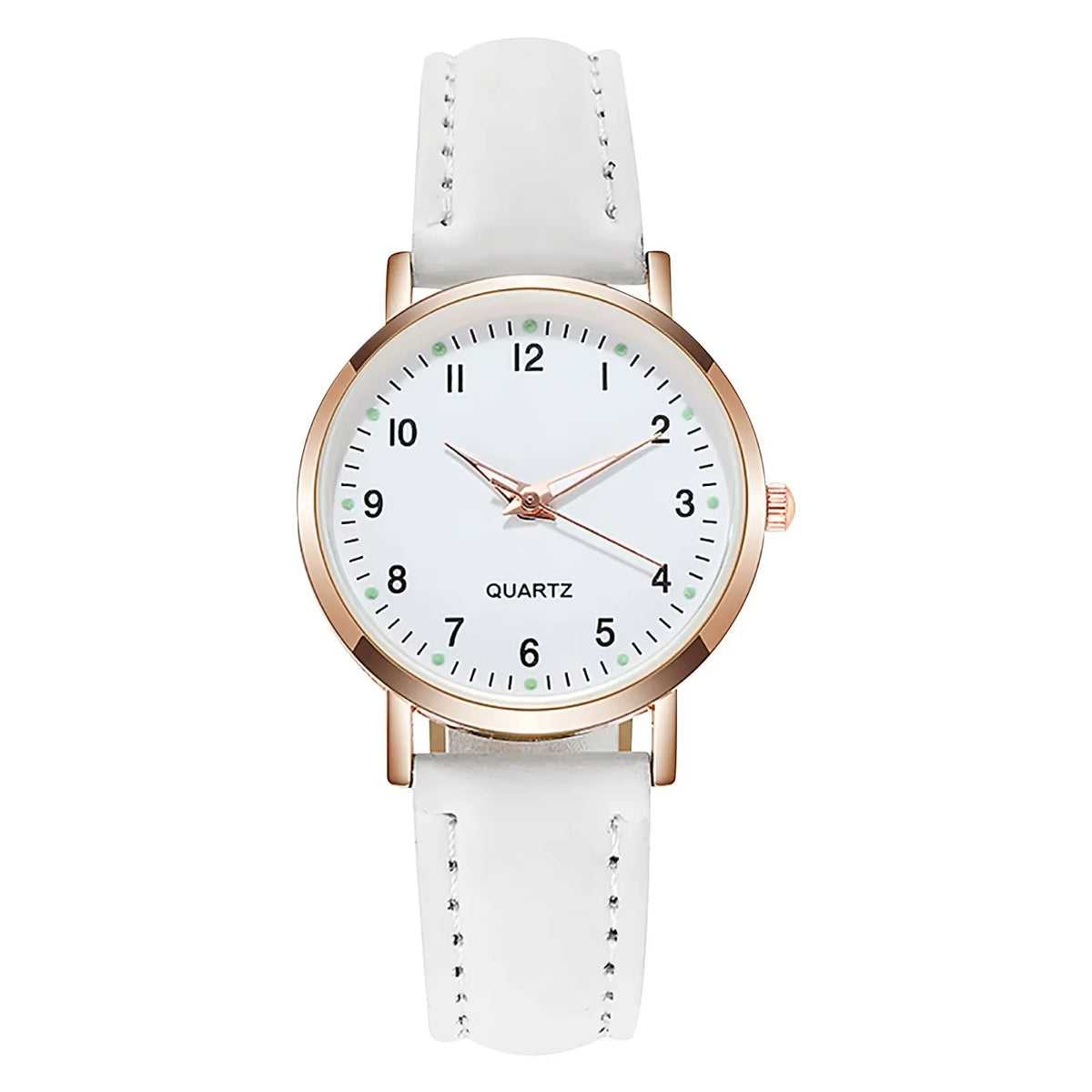 Ladies White Round Rose Gold Trim Quartz Diamond Studded Luminous Wristwatch