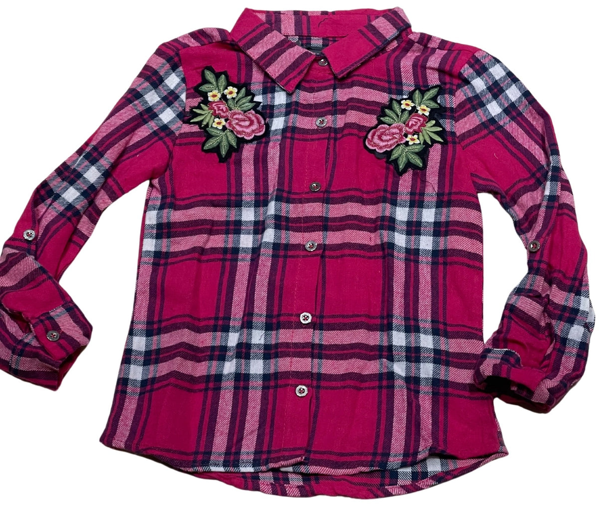 Girls Red Multi Check Soft Flannel Check Roll Up Sleeves