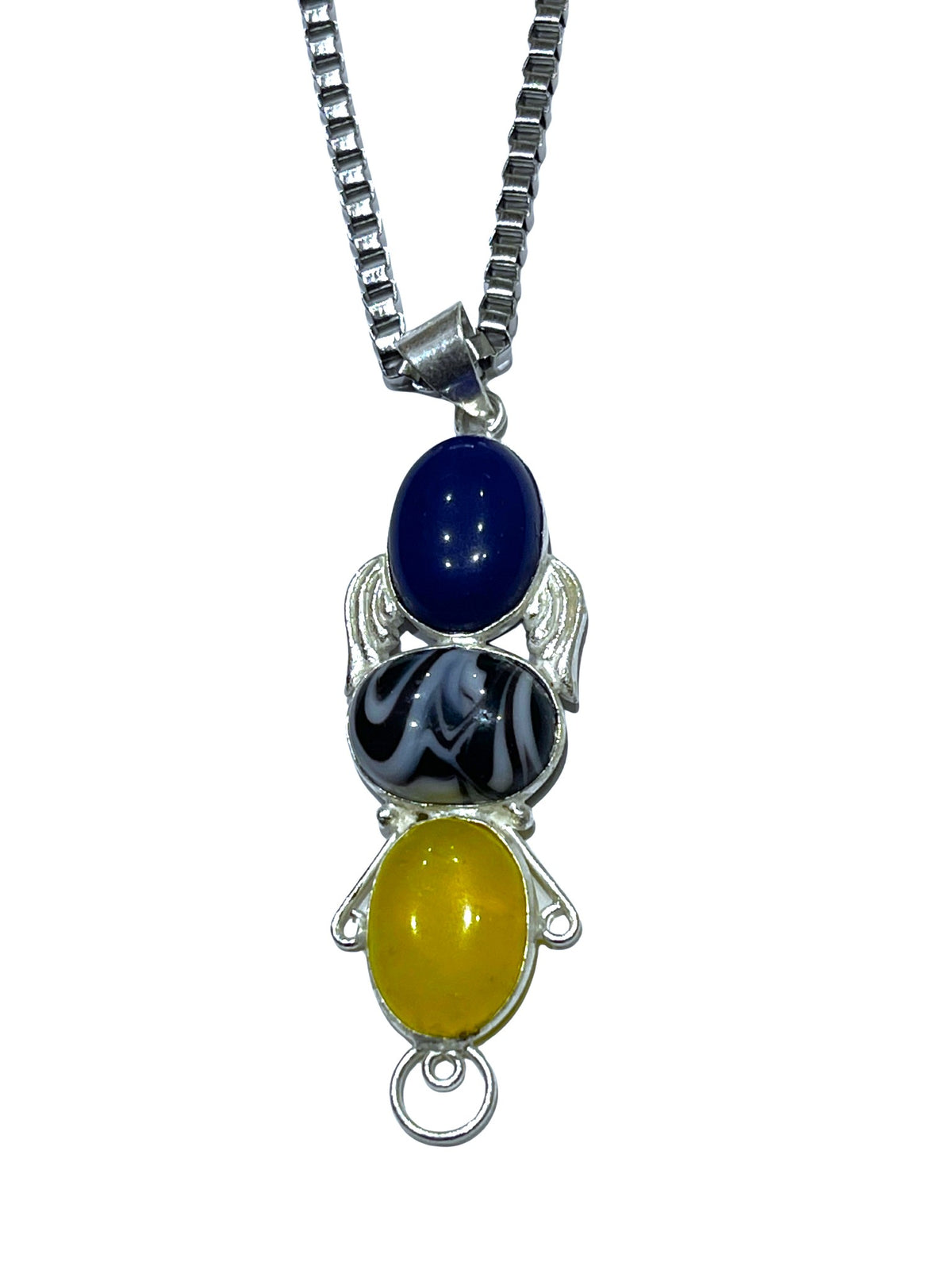Ladies 925 Silver Plated Onyx Blue Marl Yellow Onyx Stone Pendant Chain Necklace
