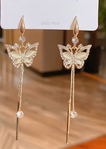 Ladies Elegant Gold Plated Butterfly Micro Pave Cubic Long Tassel Drop Earrings
