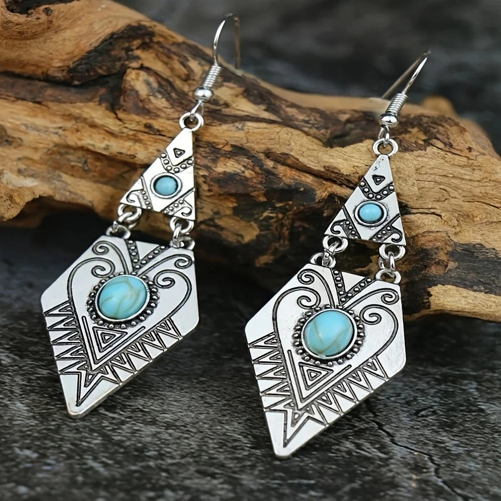 Ladies Silver Vintage Style Turquoise Middle Bead Triangle Hook Earrings
