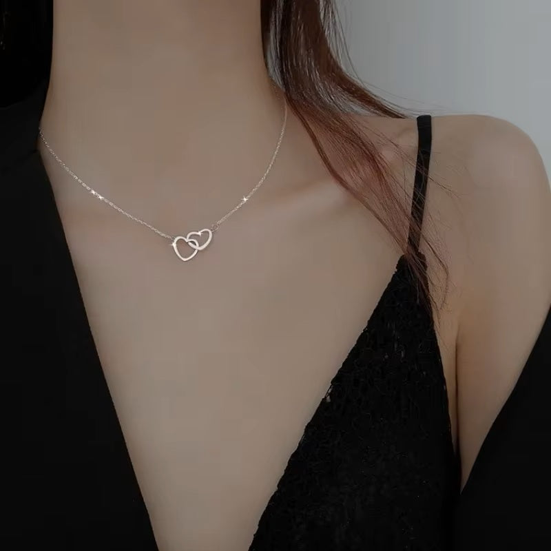 Ladies Silver Chain Cutout Double Heart Choker Stainless Steel Necklace