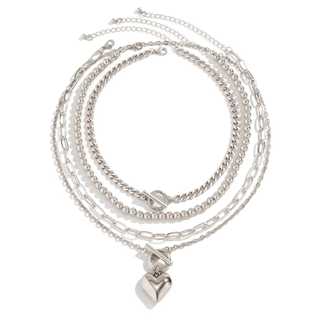 Ladies Silver 4 Tier Multi Layer Beaded Heart Pendant Cuban Link Choker Necklace