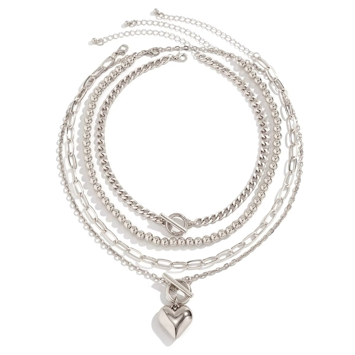Ladies Silver 4 Tier Multi Layer Beaded Heart Pendant Cuban Link Choker Necklace