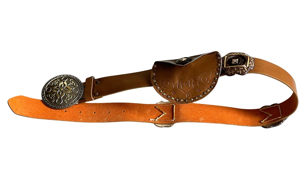 Ladies Brown Faux Leather Round Brass Metal Hook Buckle Plus Money Pouch Belts