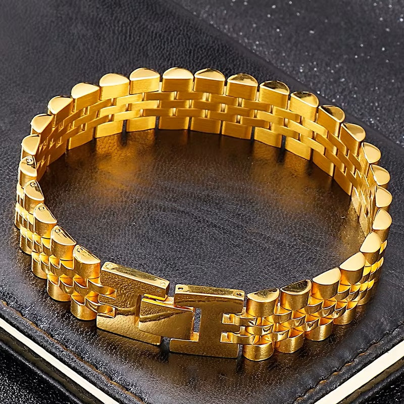 Mens Womens Gold Plated Stainless Steel Wide Strap Chunky Link Chain Bracelet