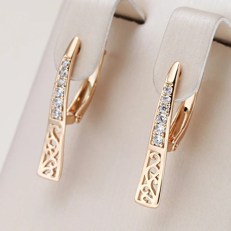 Ladies 585 Rose Gold Y Shape Cutout White Crystals Click Back Earrings