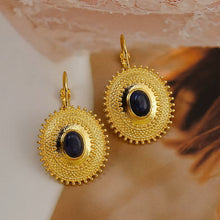 Load image into Gallery viewer, Ladies Gold Plated Round Patterned Blue Lapis Lazuli Leverback Earrings
