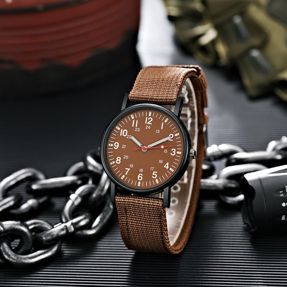 Mens Military Luminous Shock Resistant Sports Brown Canvas Strap Wrist Watch