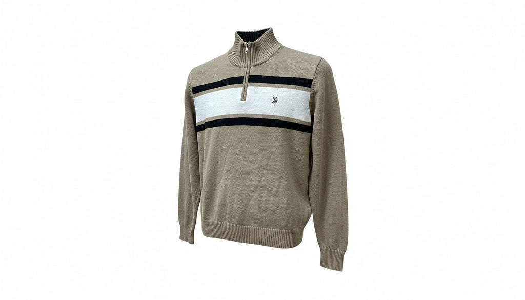 Mens U.S Polo Assn Beige Brown High Neck Zip Up Tight Knit Long Sleeve Jumper