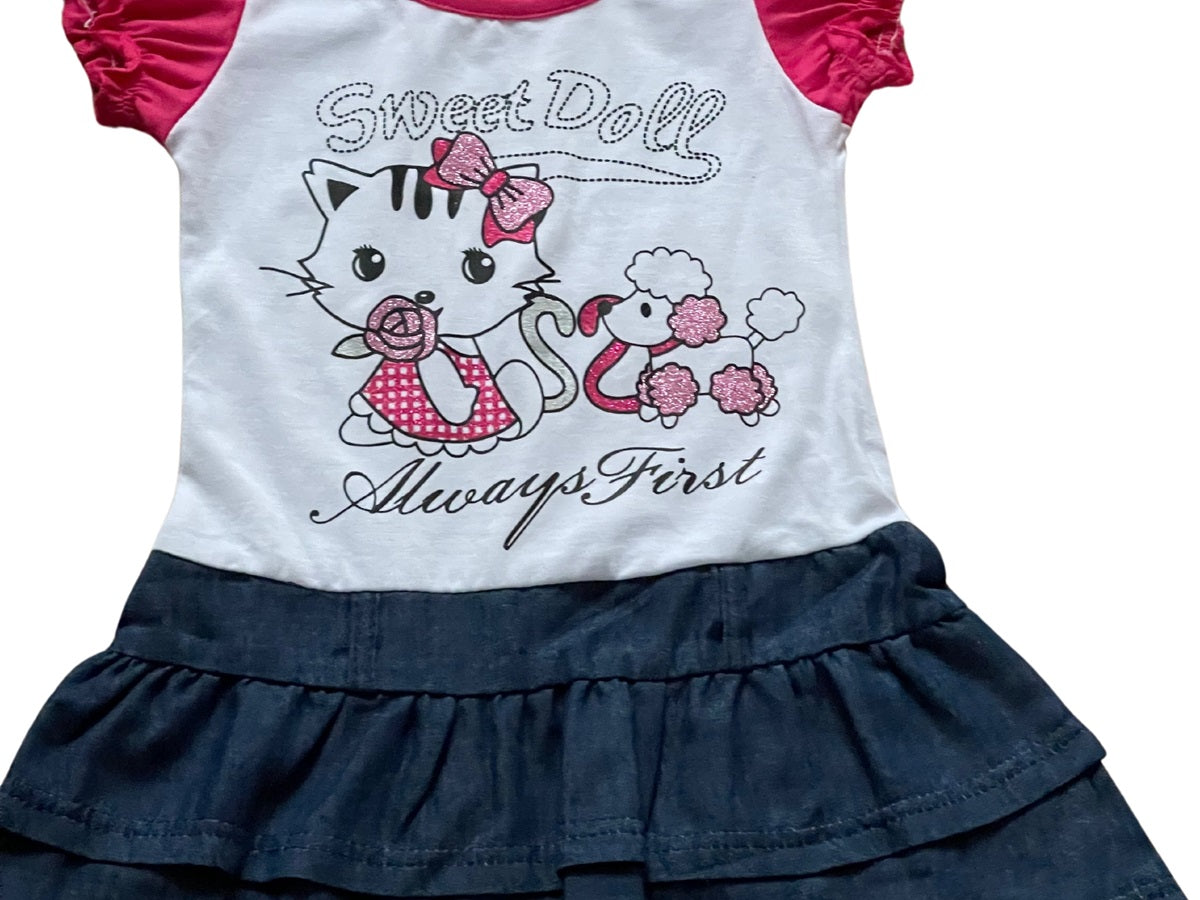 Girls Cerise & White Sweet Doll Print Plus Belt Dress