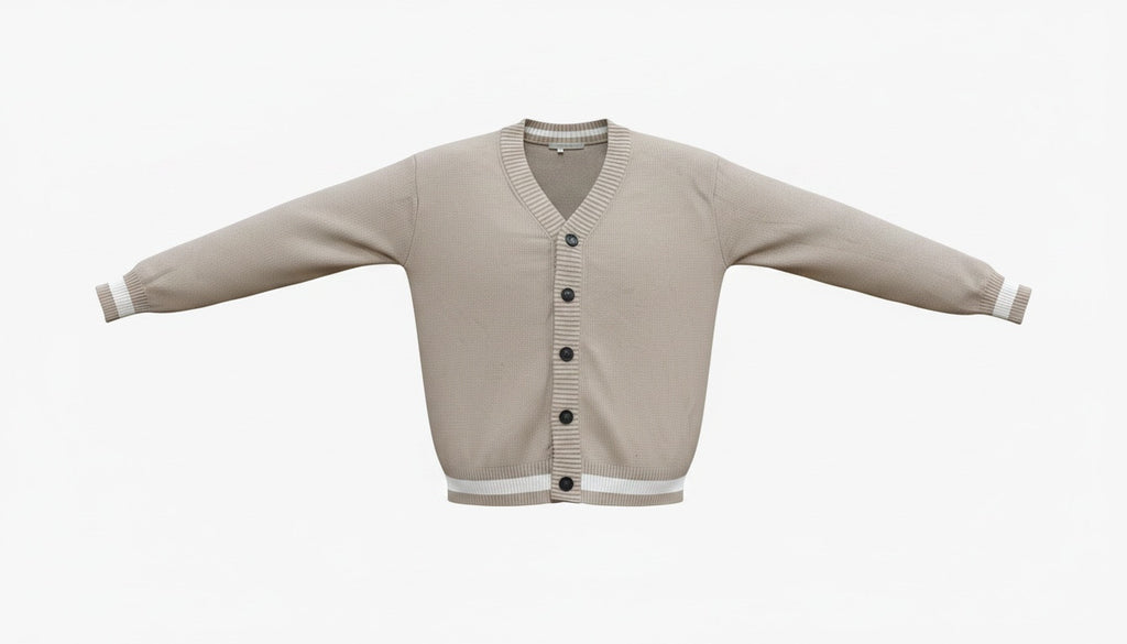 Mens Beige White Trim Cotton Rich V-Neck Longsleeve Cardigan