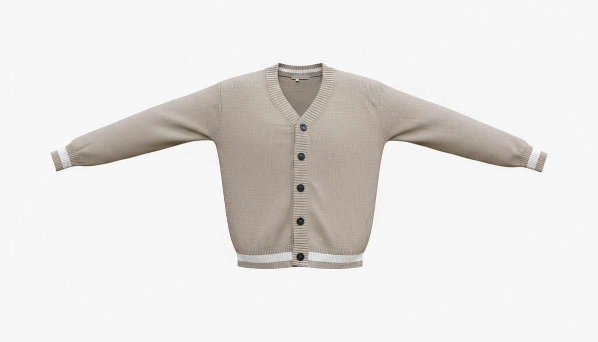 Mens Beige White Trim Cotton Rich V-Neck Longsleeve Cardigan