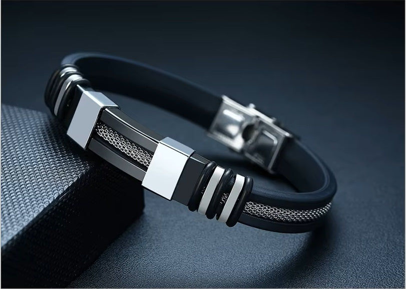 Mens Black Stainless Steel Silicone Mid Mesh Insert Bar Magnetic Clasp Bracelets