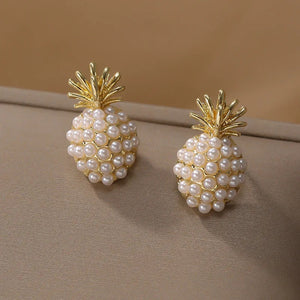 Ladies 18k Gold Plated Simulated Pearls Geometric Pineapple Shape Stud Earring