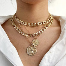 Load image into Gallery viewer, Ladies Gold Plated Thick Link Thin Chain 5Pce Multi Layer Coin Pendant Necklace
